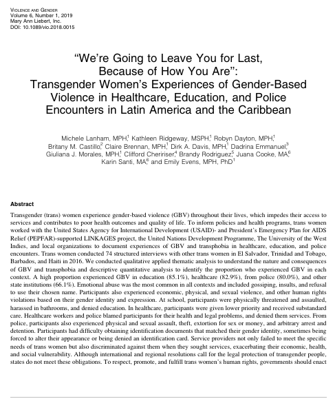 ‘We’re Going to Leave You for Last, Because of How You Are’’: Transgender Women’s Experiences of Gender-Based Violence in Healthcare, Education, and Police Encounters in Latin America and the Caribbean