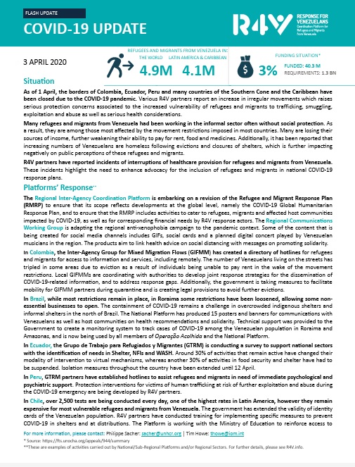 COVID-19 UPDATE 3 APRIL 2020 REFUGEES AND MIGRANTS FROM VENEZUELA IN: THE WORLD LATIN AMERICA & CARIBBEAN