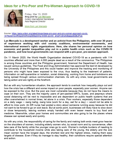 Ideas for a Pro-Poor and Pro-Women Approach to COVID-19