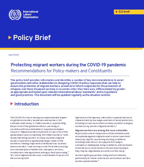 policy-brief Protecting migrant workers during the COVID-19 pandemic Recommendations for Policy-makers and Constituents